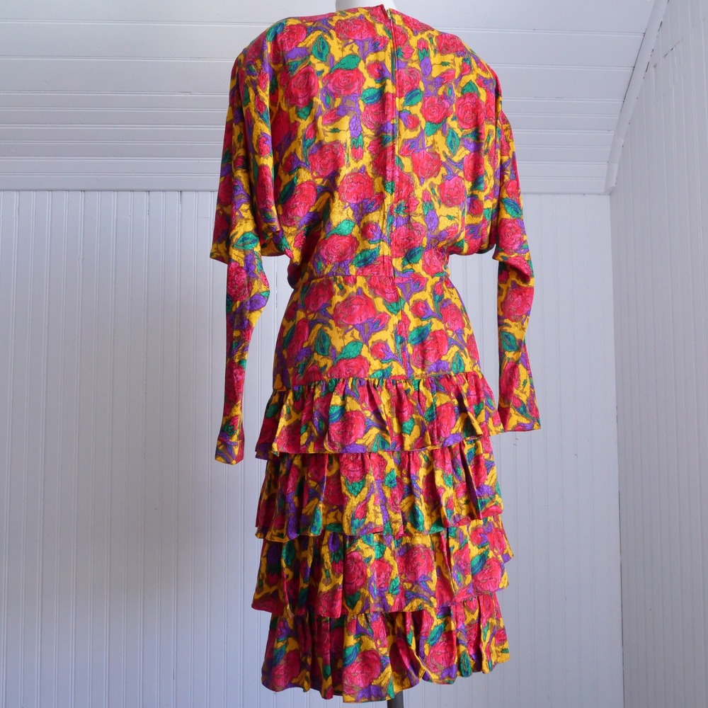 Fun wild vintage 90s Silks by St. Gillian floral silk ruffle skirt party dress - Picture 6 of 8